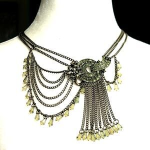 Plunder Green and Antique Gold Tone Medallion Chains Fringe Statement Necklace